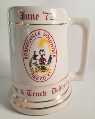 Vintage ROBERTSVILLE NJ VOLUNTEER Fire Mug Beer Stein 1972 WHITE RED STONEWARE