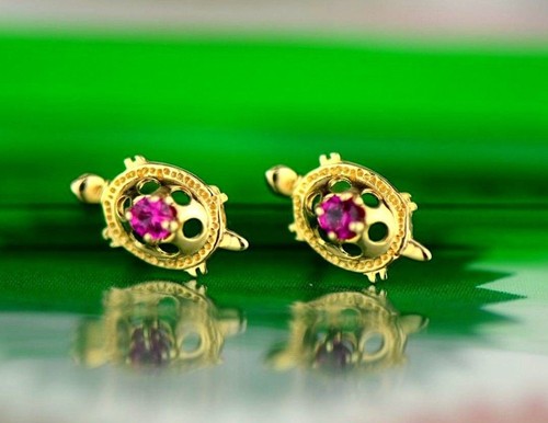 14k Yellow Gold Turtle CZ Stud Earrings Screw Back - Picture 14 of 18
