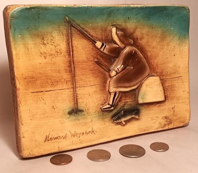 HOWARD WEYAHOK vtg alaskan INUIT wall plaque ice fishing chalkware rock painting