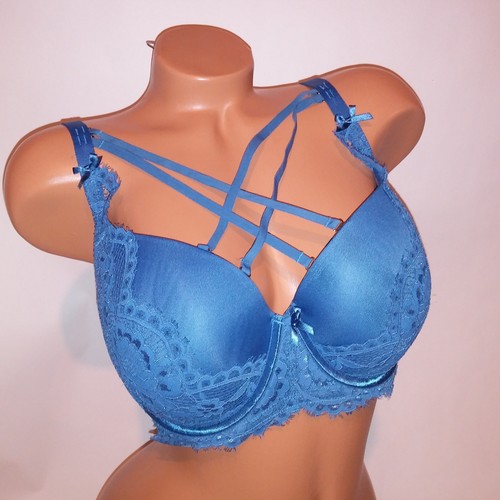 Cacique Bra 34F Boost Balconette Blue Strappy Solid Lace Underwire