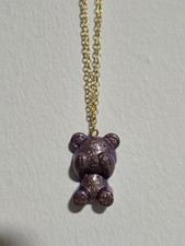 modeschmuck kette Gold Farbend Anhänger Teddy Bär  Lila Gold Glitzer 