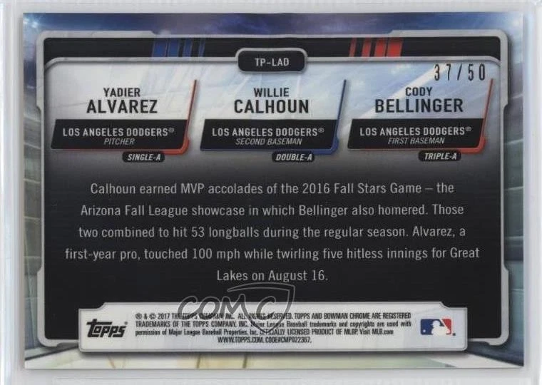 2017 Bowman Gold Refractor /50 Yadier Alvarez Willie Calhoun Cody Bellinger - Image 2 of 2