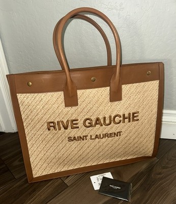 SAINT LAURENT 'Rive Gauche' Embroidered Raffia & Leather Tote Bag