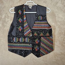 Vtg 80's Effeci Beaded and Sequined "Whimsigoth" Party Vest Black Size Large
