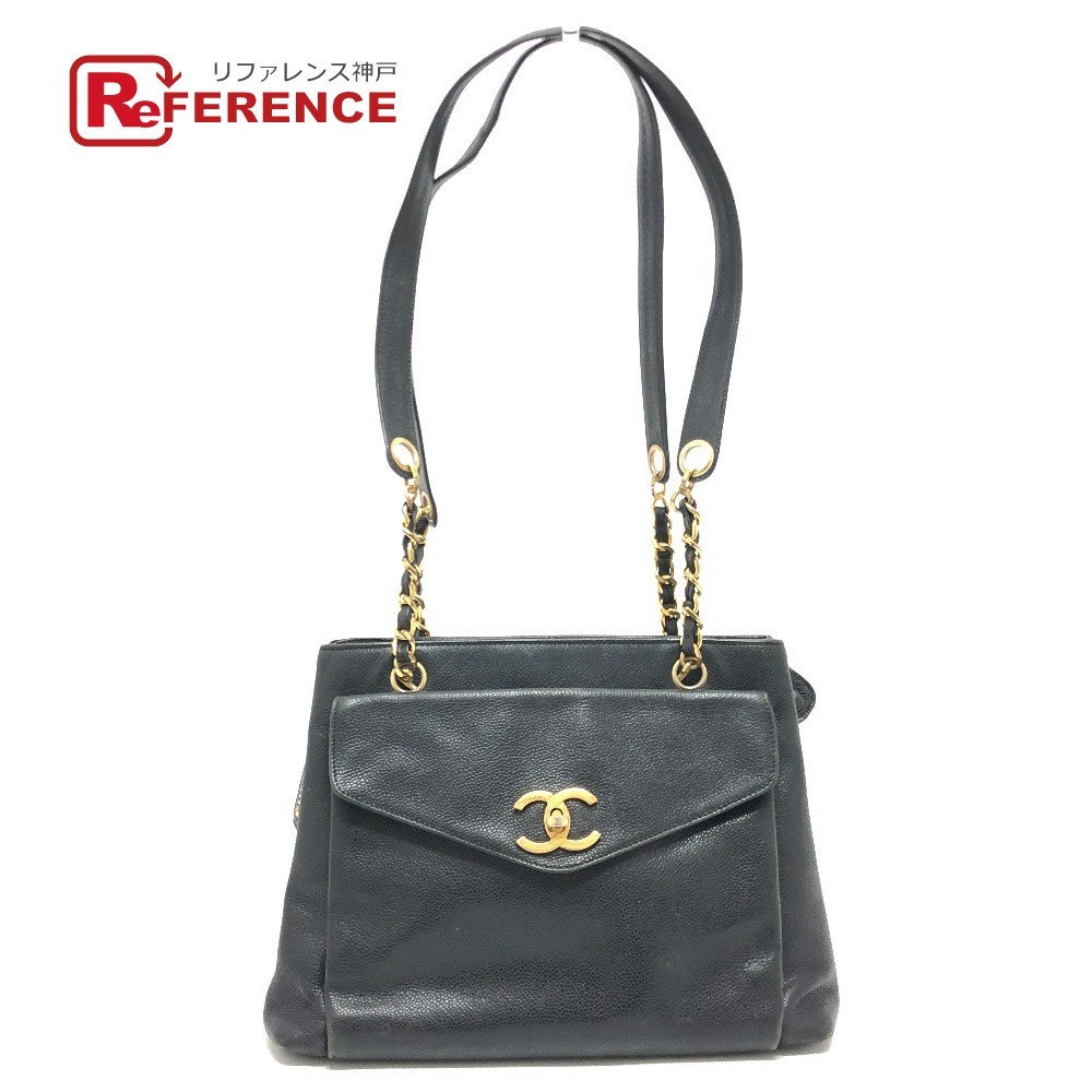 Chanel Black Caviar CC Chain Shoulder Tote Bag Women Used