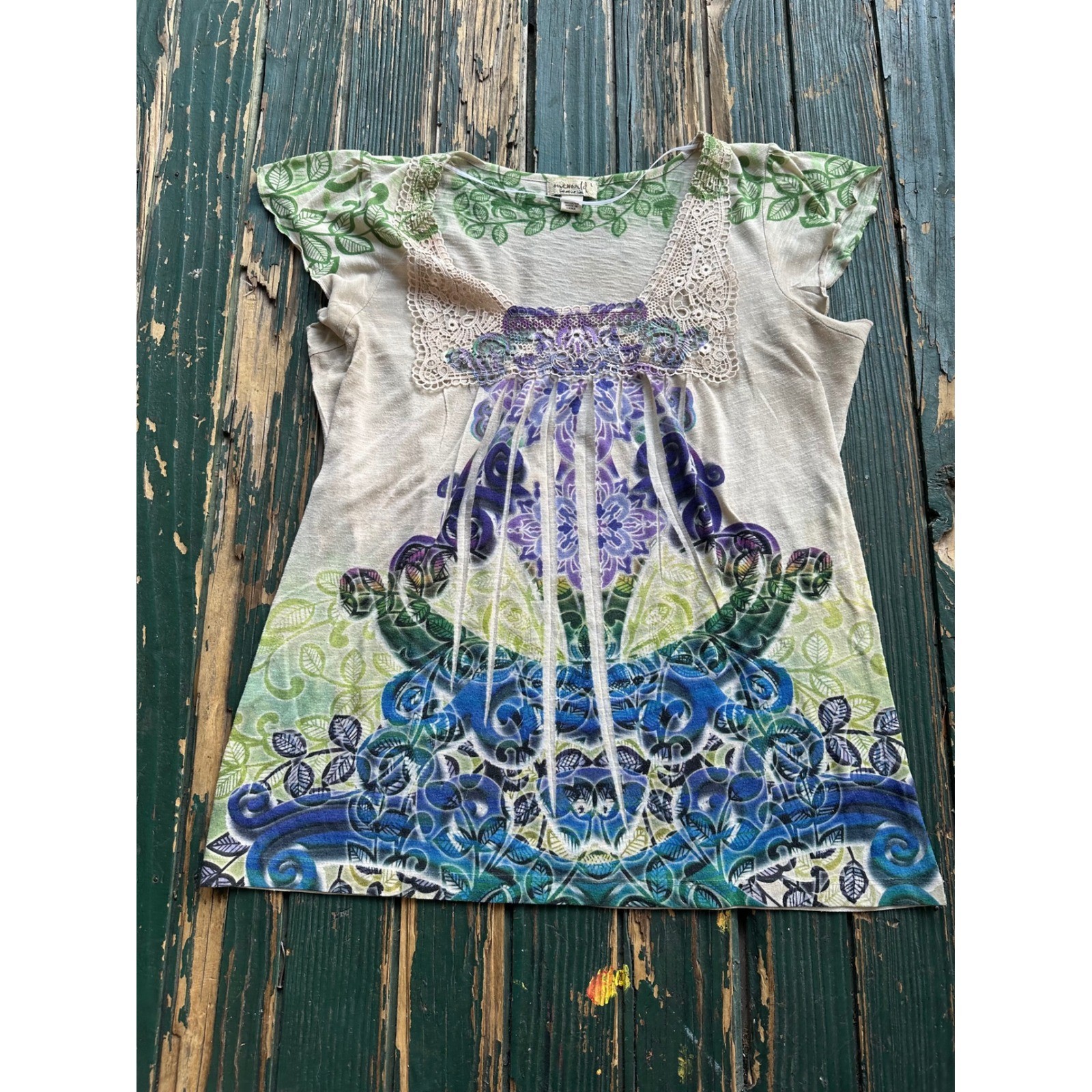 One World Live and Let Live Women Large Floral Paisley Crochet Lace top y2k