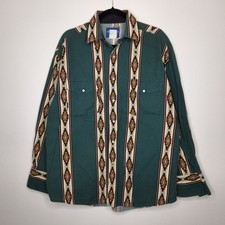 Vintage Wrangler Aztec Pearl Snap Button Flannel Shirt Green Western Rodeo