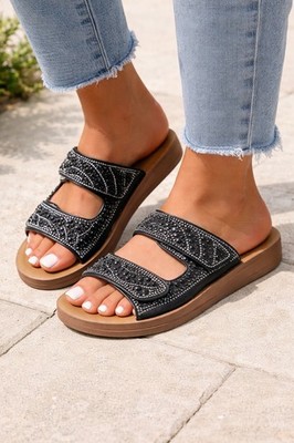 Forever Link Women's Black Rhinestones Double Buckle Strap Platform Sandals 8