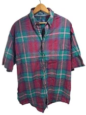 Pendelton Shirt Mens Large Blue Green Plaid Button Pocket Short Sleeve Cotton