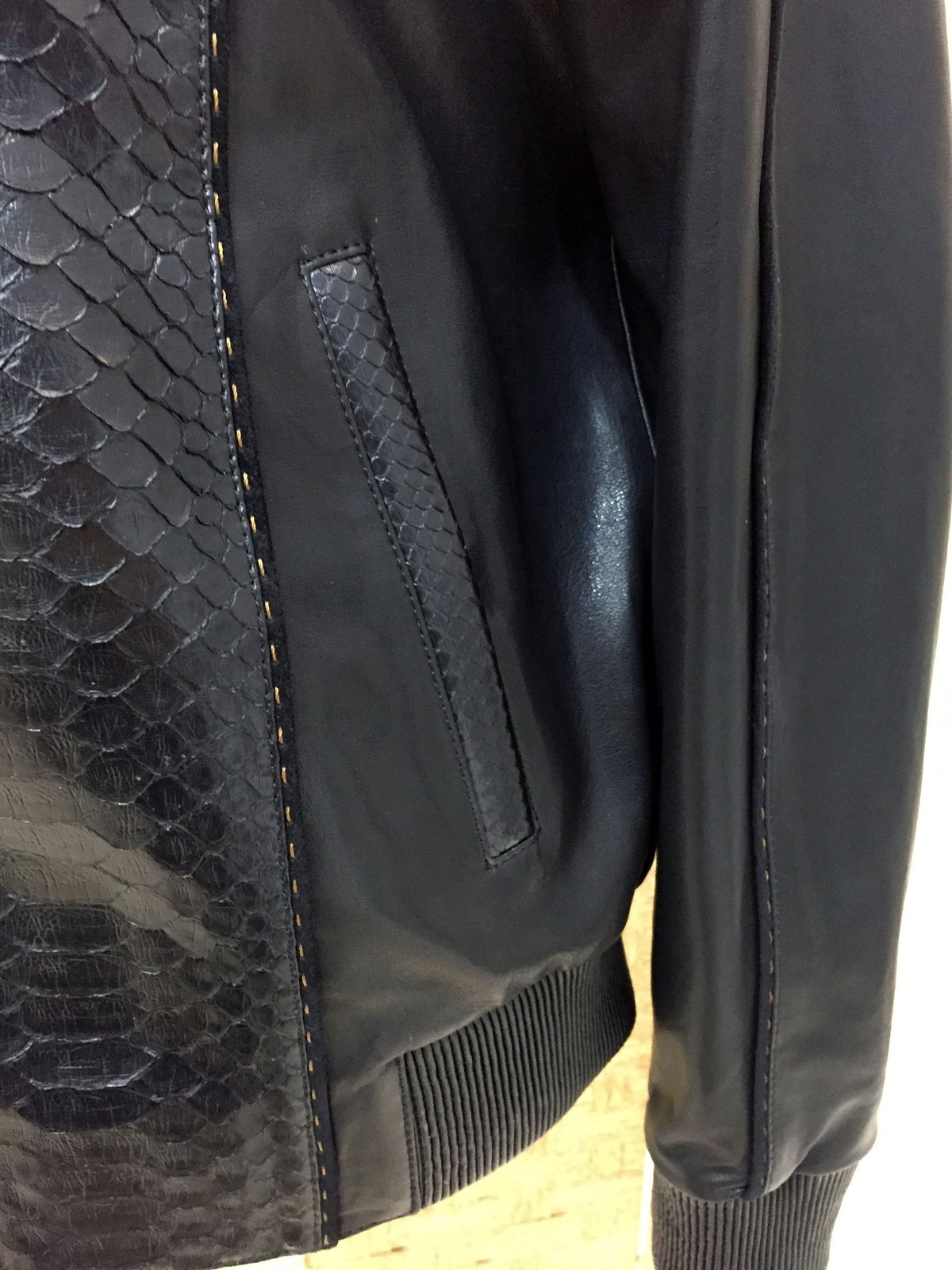 Men's Real Python Skin Trim Genuine Leather Black Luxury Bomber Jacket image 6