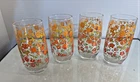 4 Orange Green Vintage Floral 5" Drink Glasses Tumblers Retro 1970s Flower Power