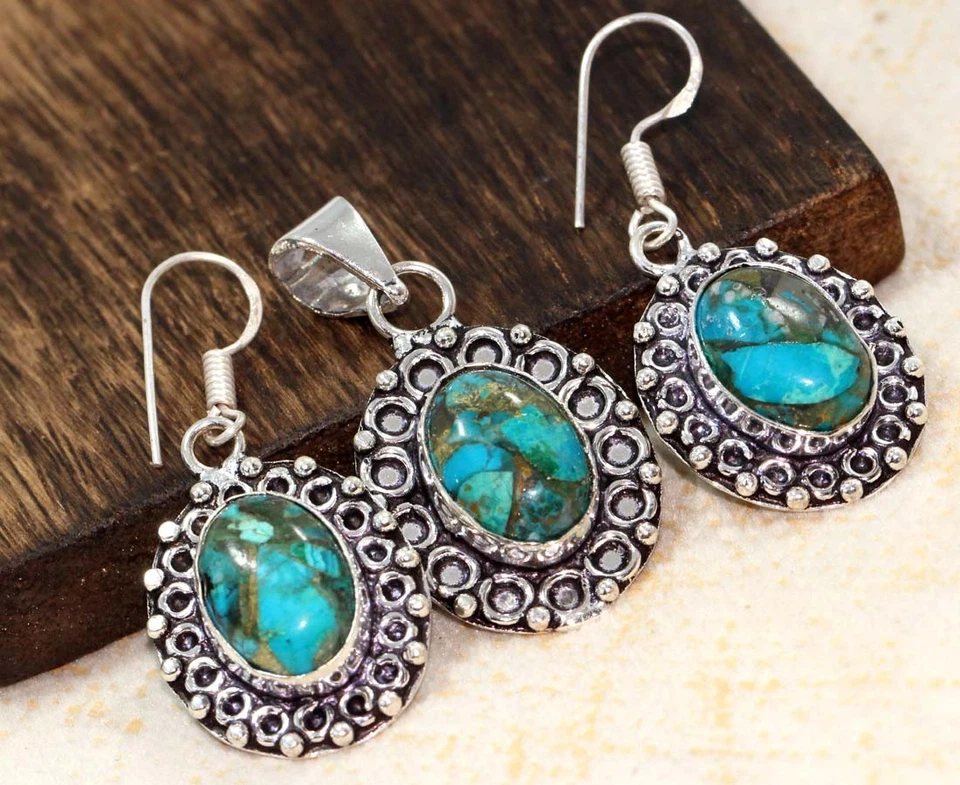 925 Silver Plated Copper Chrysocolla Pendant Earrings Set 1.5|1.6" AU K356