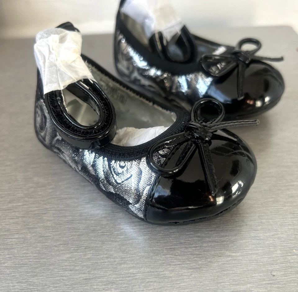 Stuart Weitzman Bebé Paliava Plateado Negro Bebé Zapatos de Ballet con Arco Talla 2 3-6M NUEVO Foto 4 de 4
