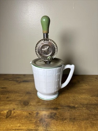 Antique Milk Glass 4 Cup Measuring Pitcher w Hand Crank Egg Beater Green
