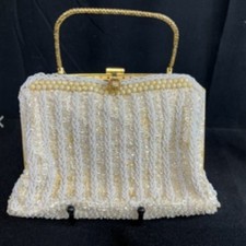 Stunning Vintage Ivory Beaded Evening Bag With Gold Toe Accents
