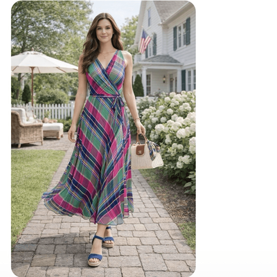 Polo Ralph Lauren Madrid Wrap Maxi Dress Madras Plaid Coastal Preppy Sz 12  Pink | eBay