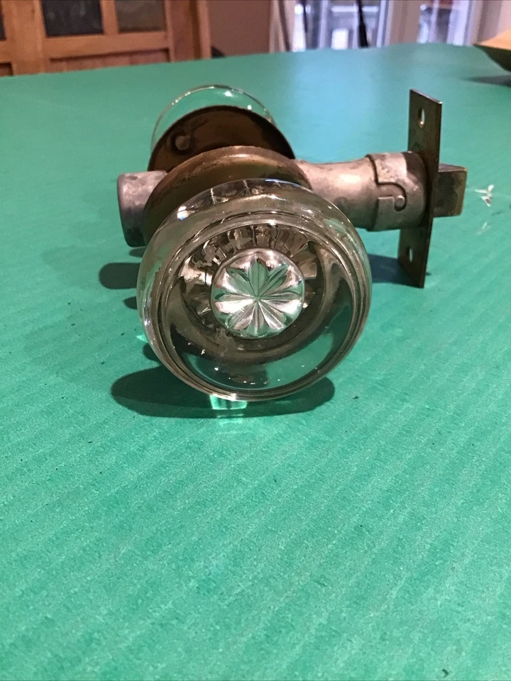 Vtg Antique Smooth Glass Beveled Edge Door Knobs w/ Rosette Brass Collar Latch A - Image 3 of 4