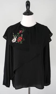 Zara Basic Black Red White Embroidered Floral Layered Top Shirt Size Medium