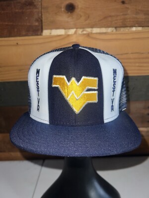 Vintage West Virginia Mountaineers NCAA College Blue Hat AJD Lucky Stripes 80s