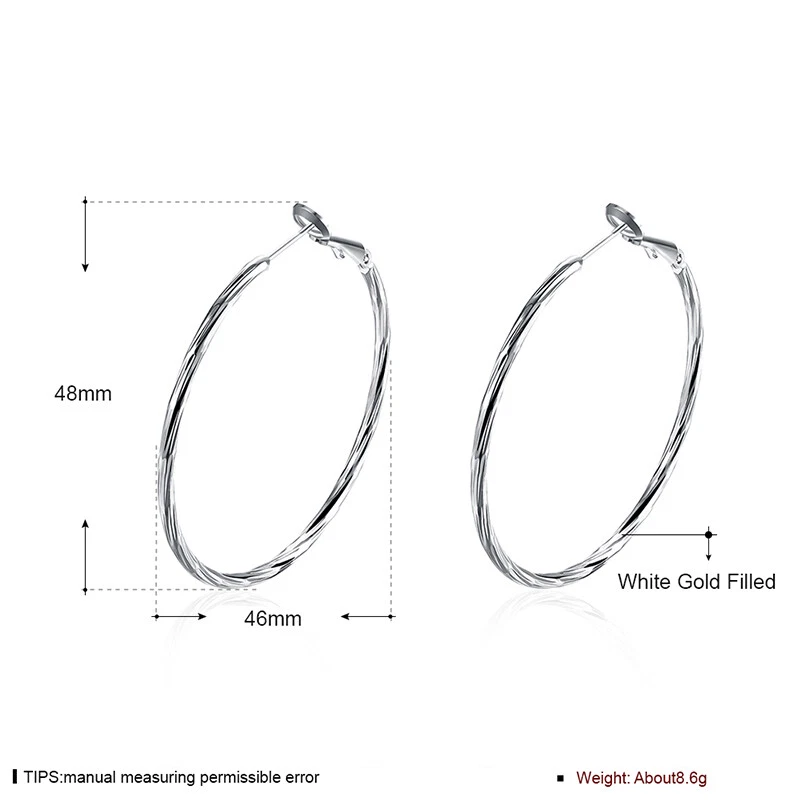 Stunning 18K White GOLD Filled 48mm Round Hoop Dangle Clip Earrings Women's Gift — 第 2/4 张图片