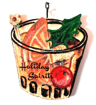  PARTY COCKTAIL - HOLIDAY SPIRITS  * Glitter CHRISTMAS ORNAMENT * Vtg Img