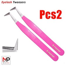 2Pcs PINK EYEBROW TWEEZERS L-TYPE FOR EYELASH EXTENSIONS 3D-7D RUSSIAN VOLUME