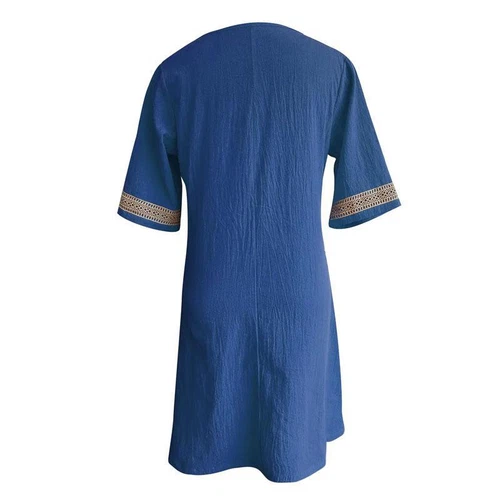 Mujeres Vestido Solero Cuello en V Algodón Lino Midi Damas Verano Informal Manga Corta - Imagen 8 de 29
