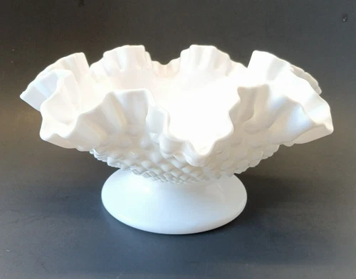Vintage Fenton Milk Glass White Hobnail 10” Wide Footed Ruffled Bowl Candy Dish