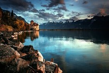 Landscape nature photography lake mountains fall snowy Custom Gaming Mat Desk