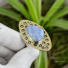 Gift For Her Natural Blue Lace Agate Stackable Adjustable Ring 925 Silver