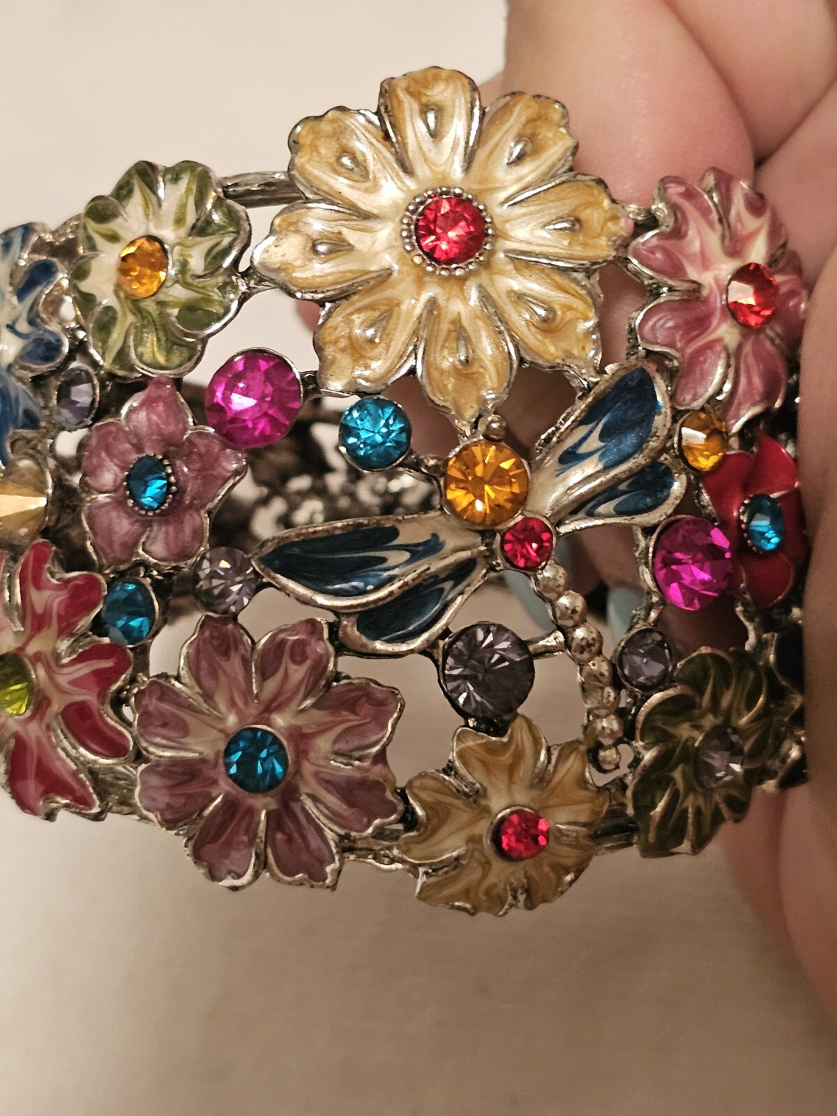 Statement Bracelet Multi Color Enamel Flower Drag… - image 6