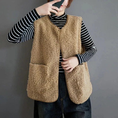 Lady Sleeveless Sherpa Fleece Vest Jacket Soft Cardigan Outwear Gilet Pocket Top - Picture 5 of 23
