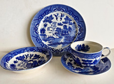 Vintage Blue Willow 4 Piece Place Setting Marked JAPAN-Dinner, Bowl, Cup Saucer