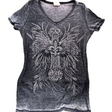 Womens Large Vocal V-Neck Short Sleeve Shirt Rhinestone Cross Design