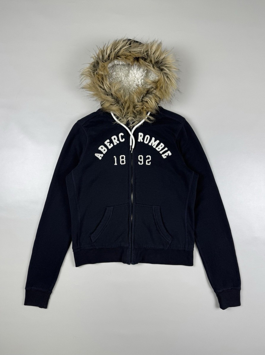 Vintage Y2K Abercrombie&Fitch Women's Fur Hood Zip Hoodie Size L