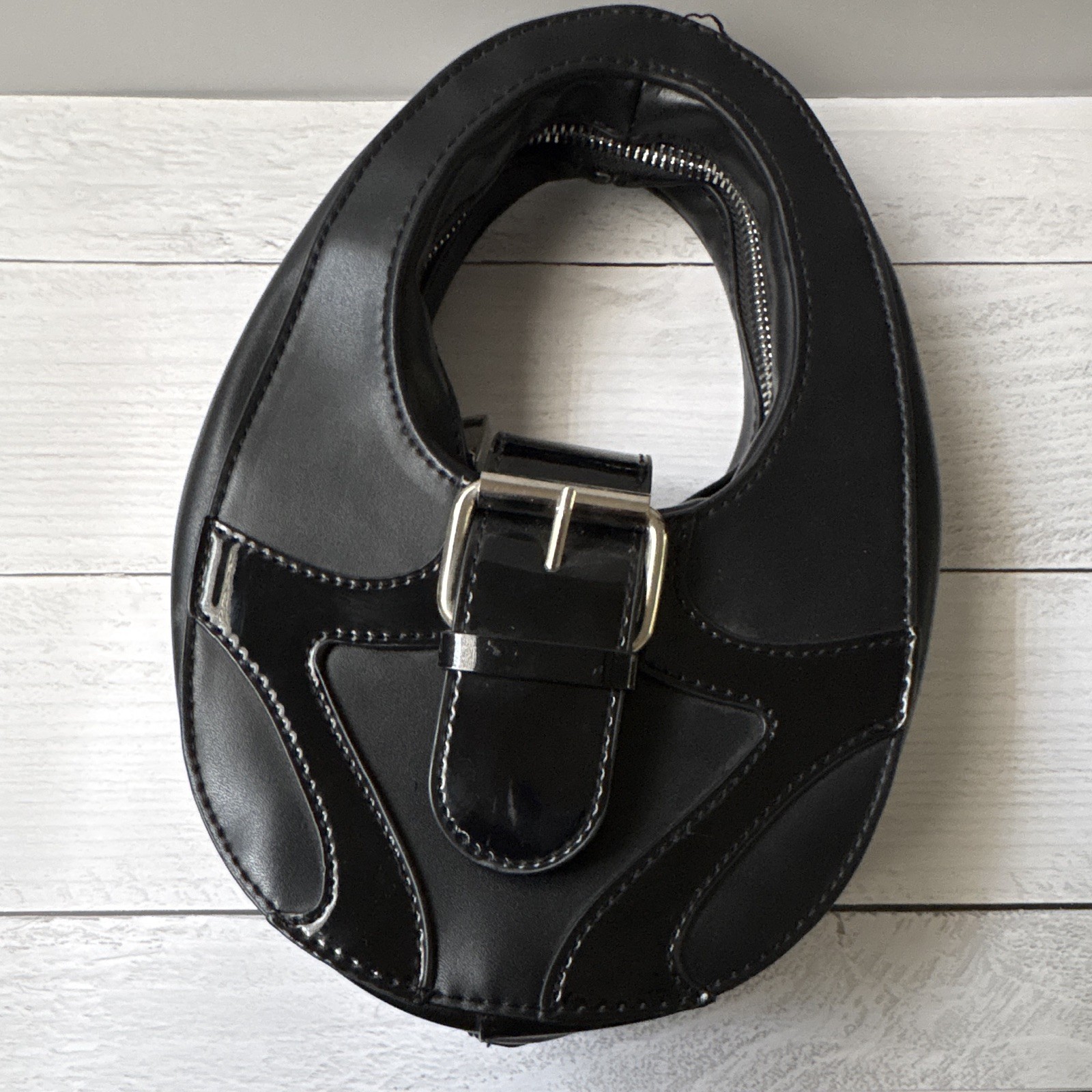 Poster Girl Black Oval Top Handle Satchel Bag Buckle & Zip, Silver Hardware