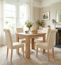 Dining Table Set, Oak Flip Top Extending Table with 4 Cream Roll Top Chairs