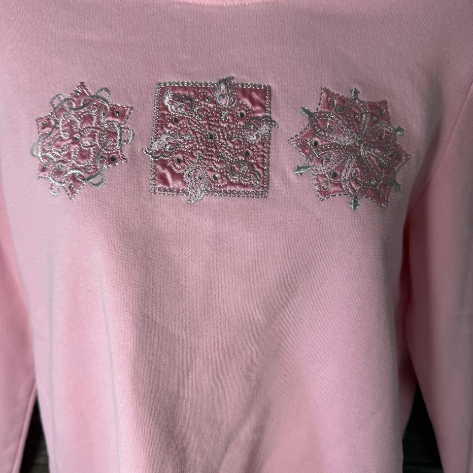 Sudadera De Colección Rosa Copo de Nieve Bordada Mediana Navidad Vacaciones Pullover Foto 4 de 4