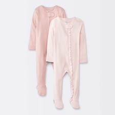 Baby Girls' 2pk Solid Wide Ribbed Sleep N' Play - Cloud Island  Pink 6-9M