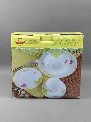 UNIWARE Opal Glass 20 Piece Kitchen Dinnerware Set Service for 4 Lotus Flowers