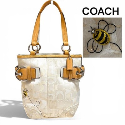 COACH Lady Bumble Bee Mini Tote Bag White Signature Leather Authentic