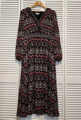 Frye & Co Floral Maxi XL Dress Black Boho Cottagecore Smocked Waist Peasant