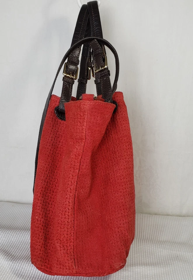 Large Tuscany Leather Woven Suede Tote Lipstick Red Shoulder Crossbody mi/Italy  - Image 4 of 4