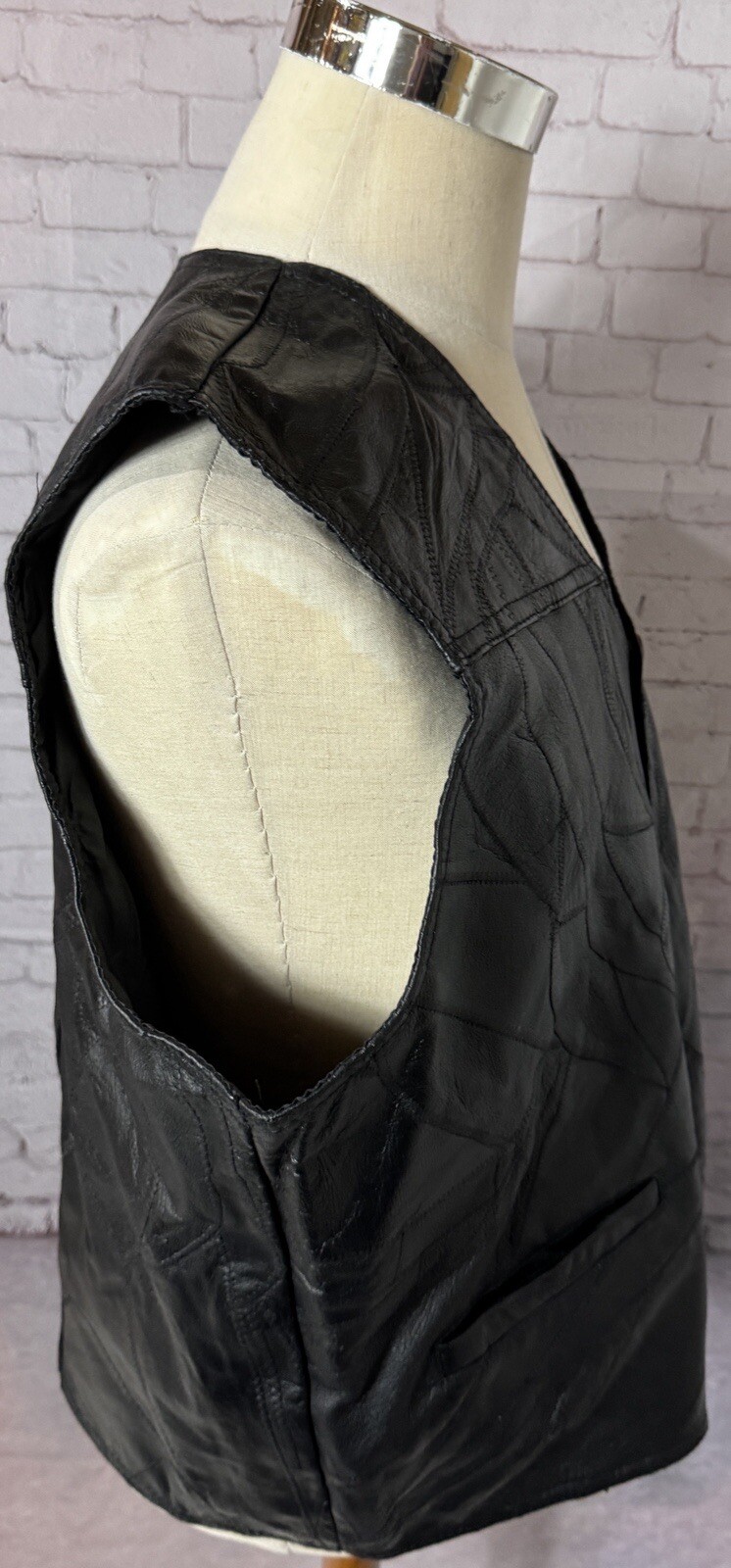 Black Patchwork V Cut Snap Button Leather Vest Mo… - image 3
