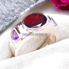 Garnet Oval Cut Gemstone With 925 Sterling Silver Ring For Men's #A369