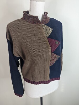 Vintage 90s Lagenlook Grunge Crop Patchwork Sweater Women's Small S3C Blue Beige