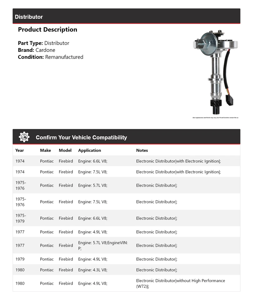For 1974-1980 Pontiac Firebird Distributor Cardone 1975 1976 1977 1978 1979 - Image 2 of 4