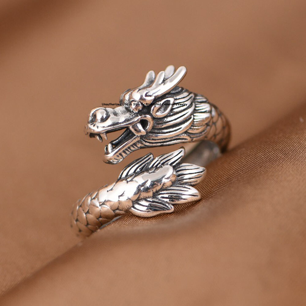 Pure S925 Sterling Silver Men Women Lucky Dragon Open Ring Us Size