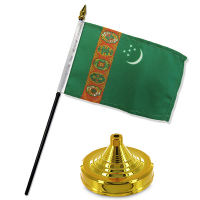 Turkmenistan 4''x6'' Flag Desk Set Table Stick Gold Base