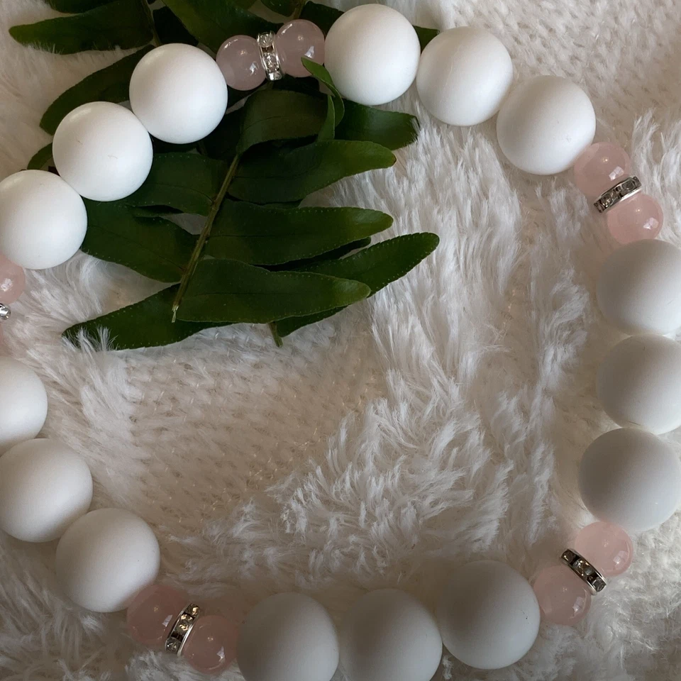 New Pearl Beaded Dog Necklace Collar w Pink Glass Beads Silver Diamond Spacers - Image 4 of 4